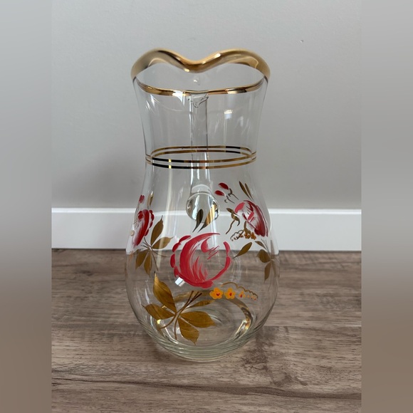 Vintage Hand-Painted Glass Pitcher with Gold Trim floral flowers water juice - Picture 6 of 9